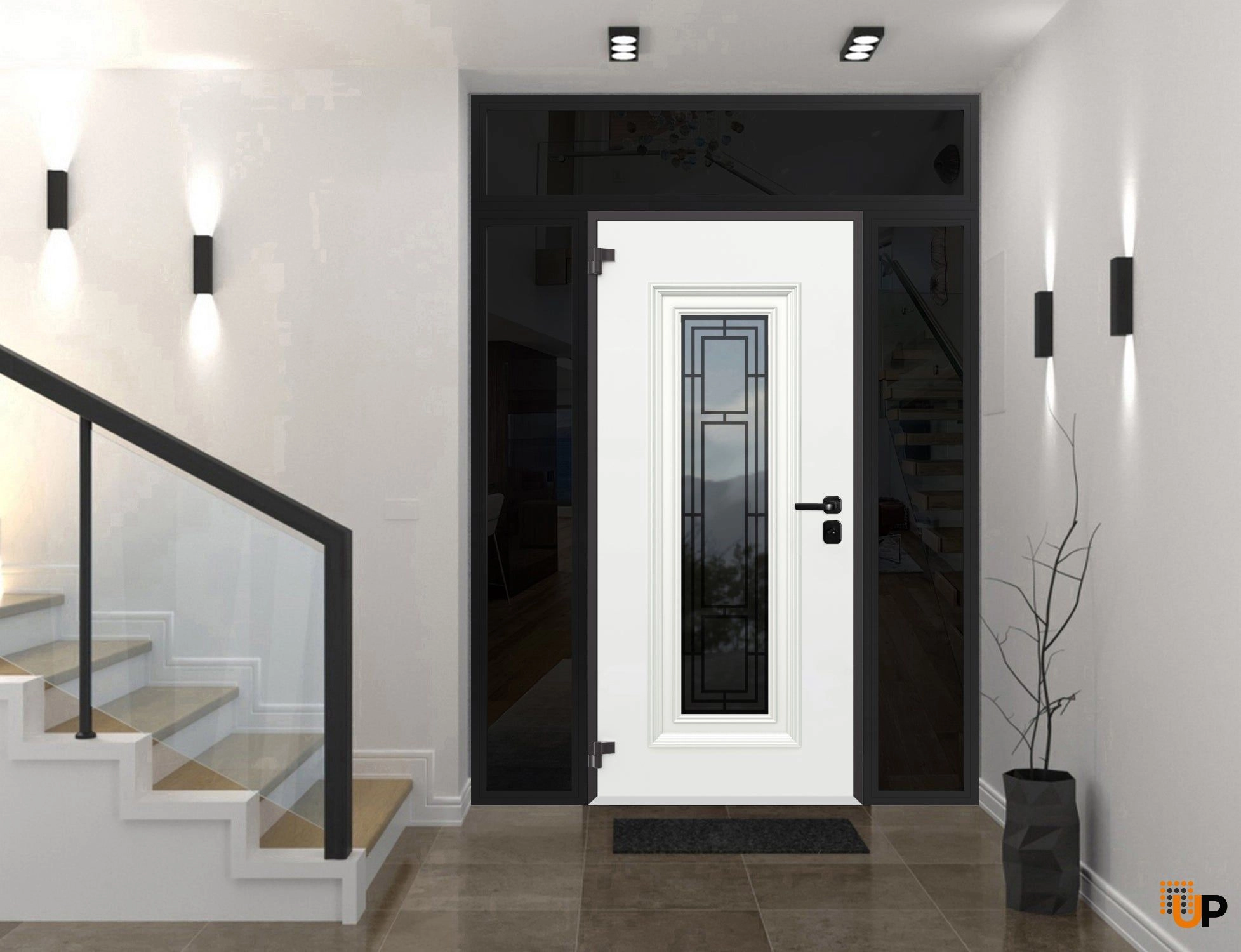 Front Exterior Prehung Steel Door / Ballucio 6644 Natural Oak / Black 2 Side and Top Exterior Window Sidelite / Entry Metal Modern Painted W16+36+16" x H80+14" Right hand Outswing photo#3