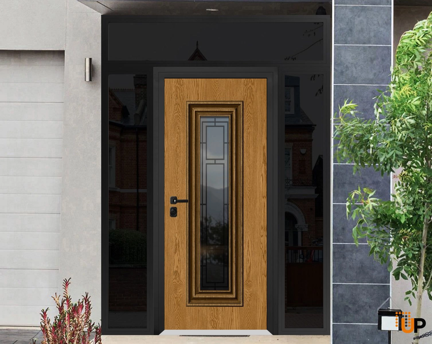 Front Exterior Prehung Steel Door / Ballucio 6644 Natural Oak / Black 2 Side and Top Exterior Window Sidelite / Entry Metal Modern Painted W16+36+16" x H80+14" Right hand Outswing photo#2