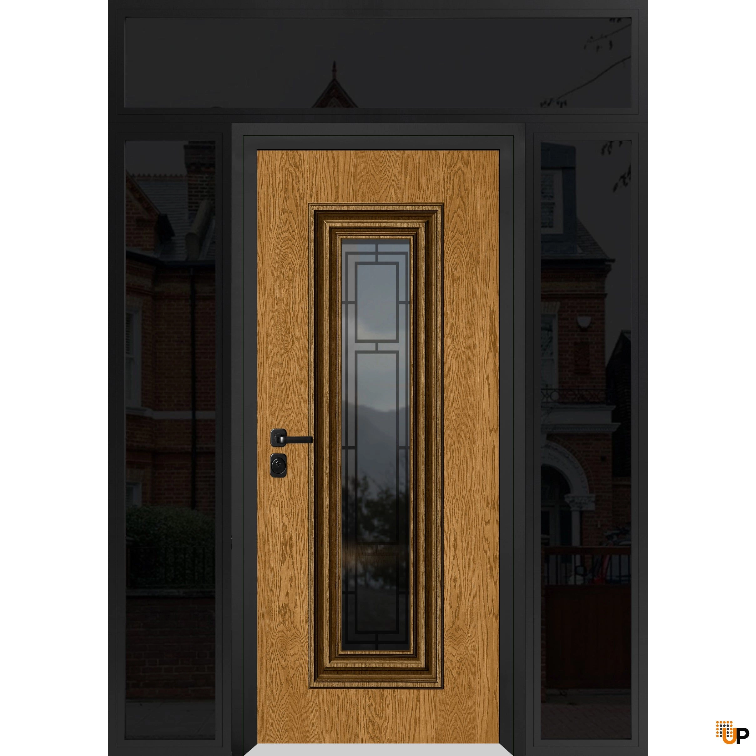 Front Exterior Prehung Steel Door / Ballucio 6644 Natural Oak / Black 2 Side and Top Exterior Window Sidelite / Entry Metal Modern Painted W16+36+16" x H80+14" Right hand Outswing photo#1