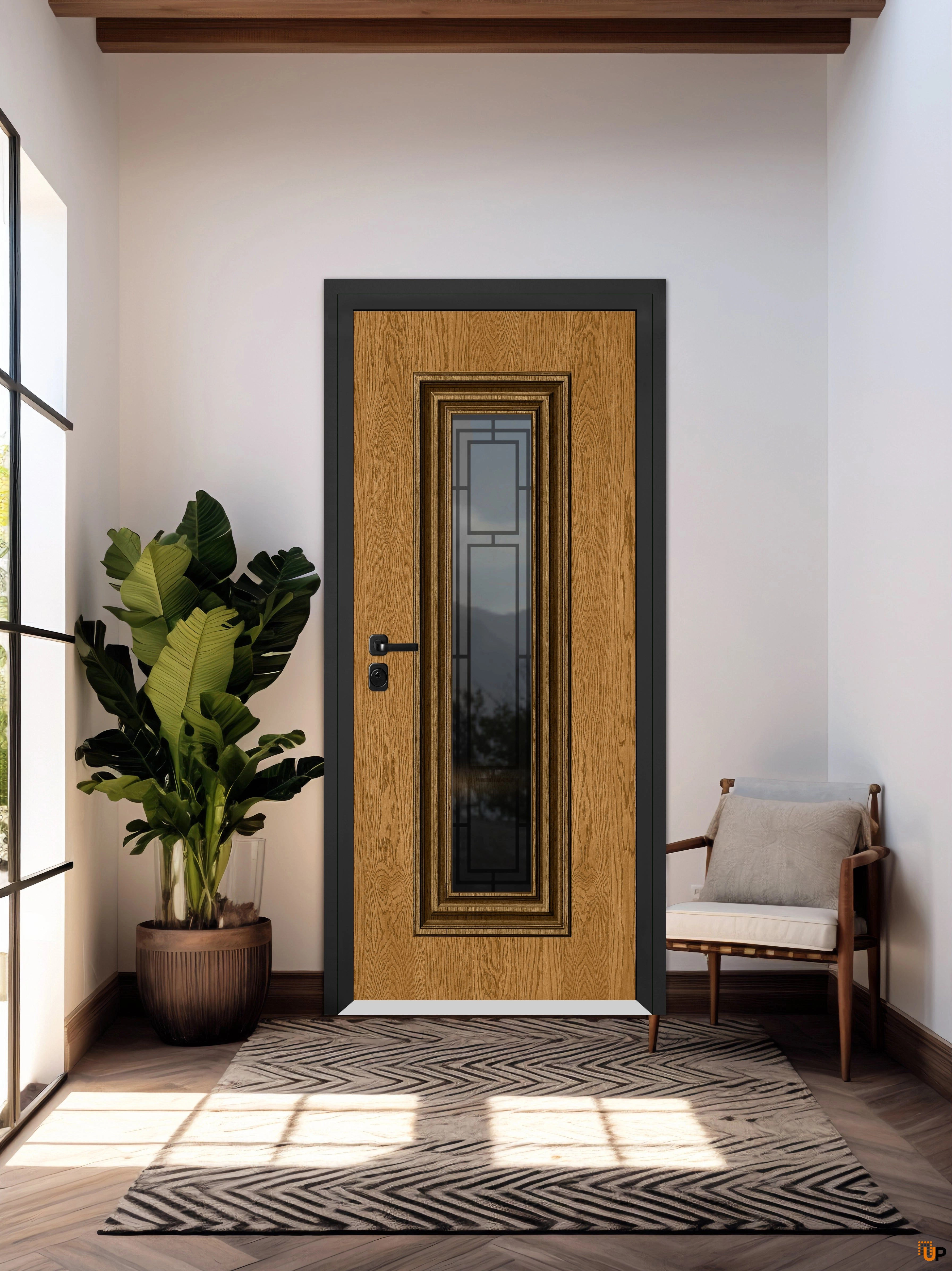 Front Exterior Prehung Steel Door / Ballucio 6644 Natural Oak / Entry Metal Modern Painted W36" x H96" Right hand Inswing photo#2