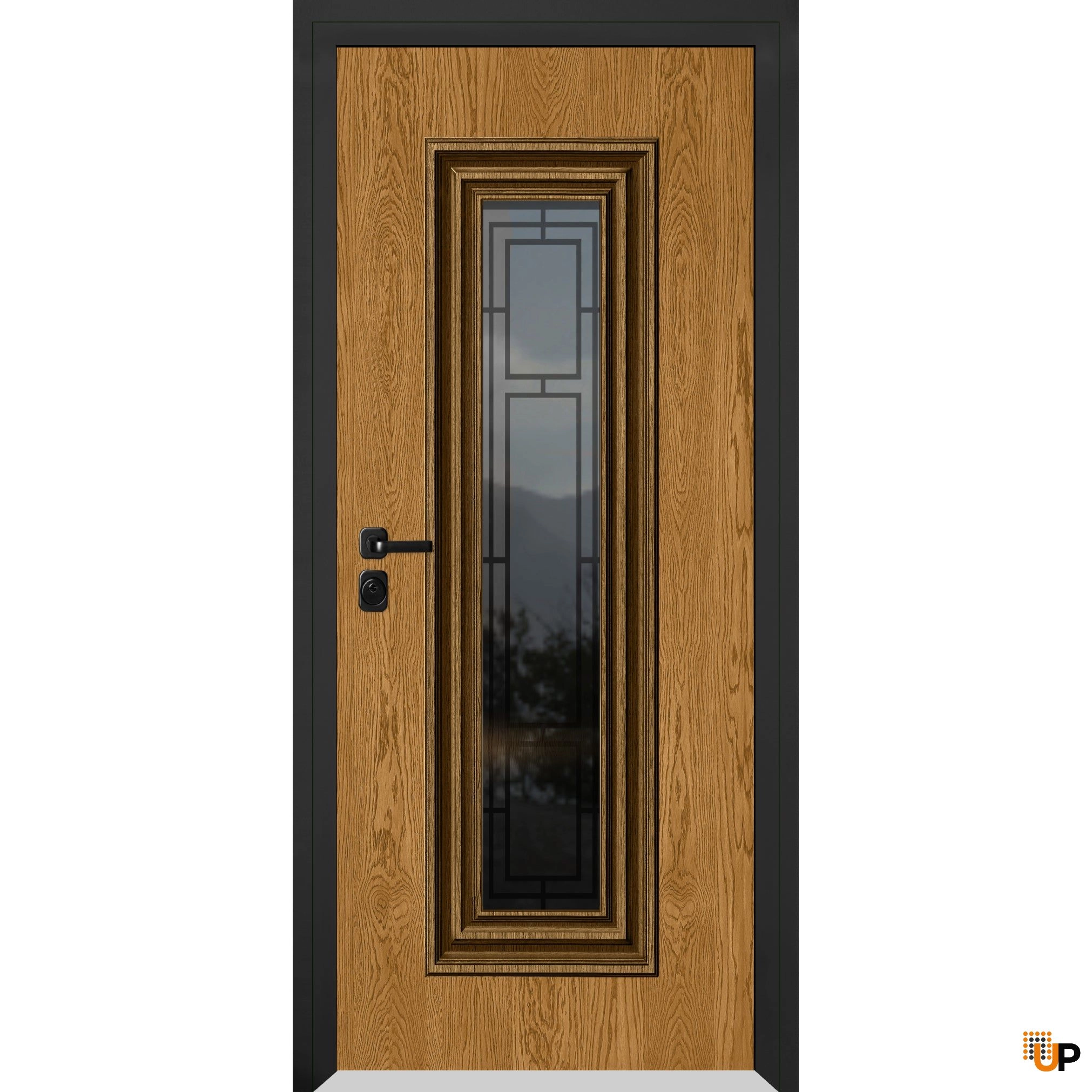 Front Exterior Prehung Steel Door / Ballucio 6644 Natural Oak / Entry Metal Modern Painted W36" x H96" Right hand Inswing photo#1