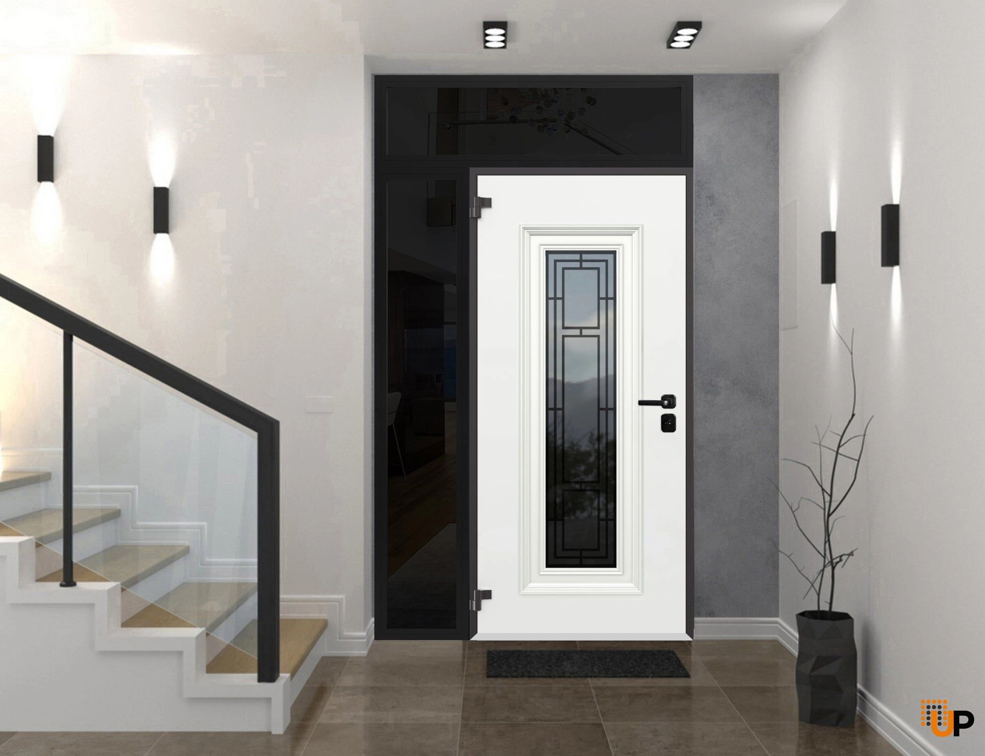 Front Exterior Prehung Steel Door / Ballucio 6644 Natural Oak / Black Side and Top Exterior Window Sidelite / Entry Metal Modern Painted W36+12" x H96+14" Right hand Inswing photo#3