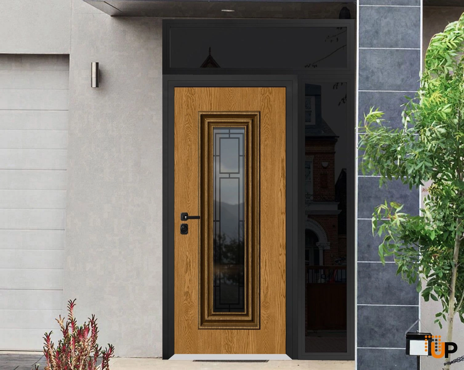 Front Exterior Prehung Steel Door / Ballucio 6644 Natural Oak / Black Side and Top Exterior Window Sidelite / Entry Metal Modern Painted W36+12" x H96+14" Right hand Inswing photo#2