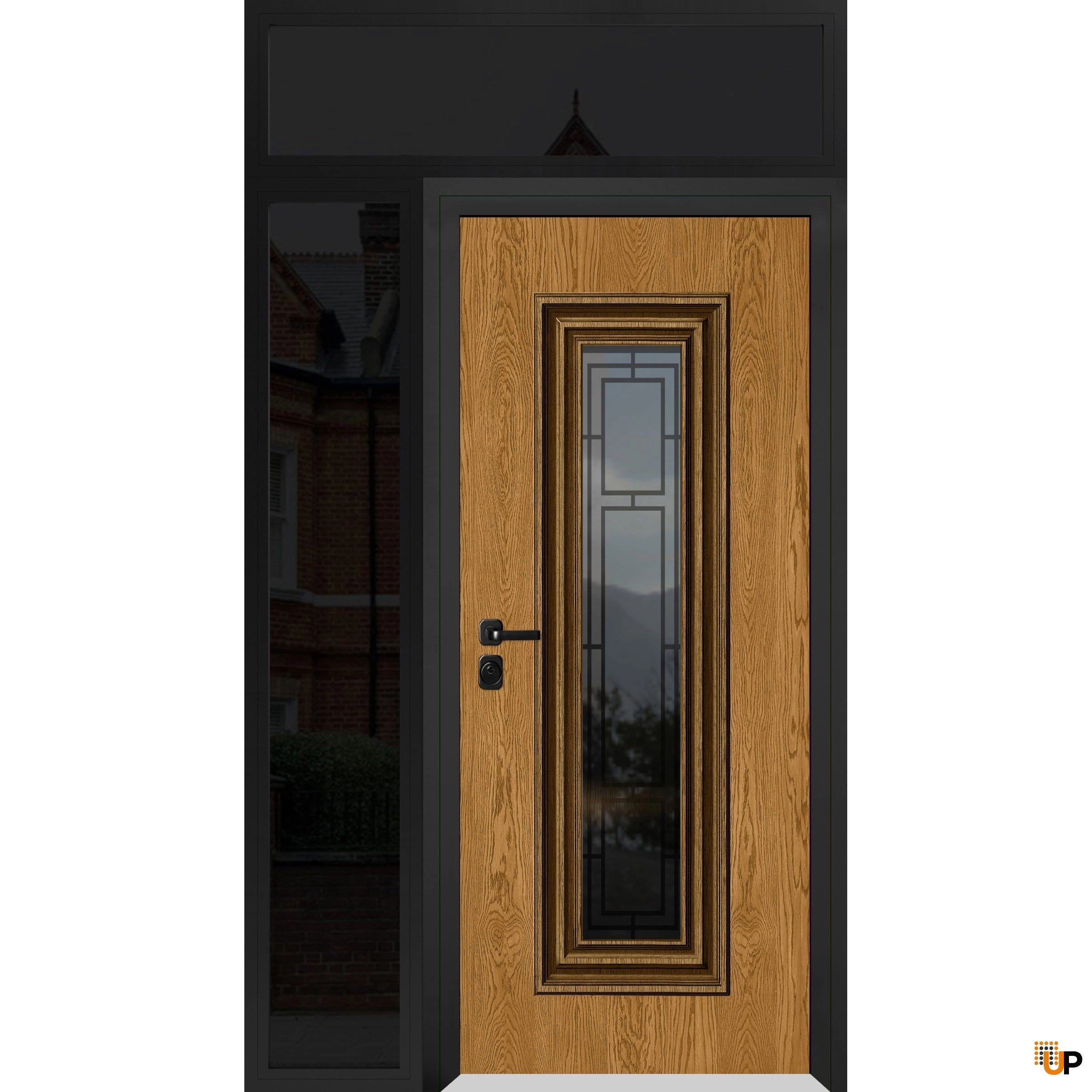 Front Exterior Prehung Steel Door / Ballucio 6644 Natural Oak / Black Side and Top Exterior Window Sidelite / Entry Metal Modern Painted W36+12" x H96+14" Right hand Inswing photo#1