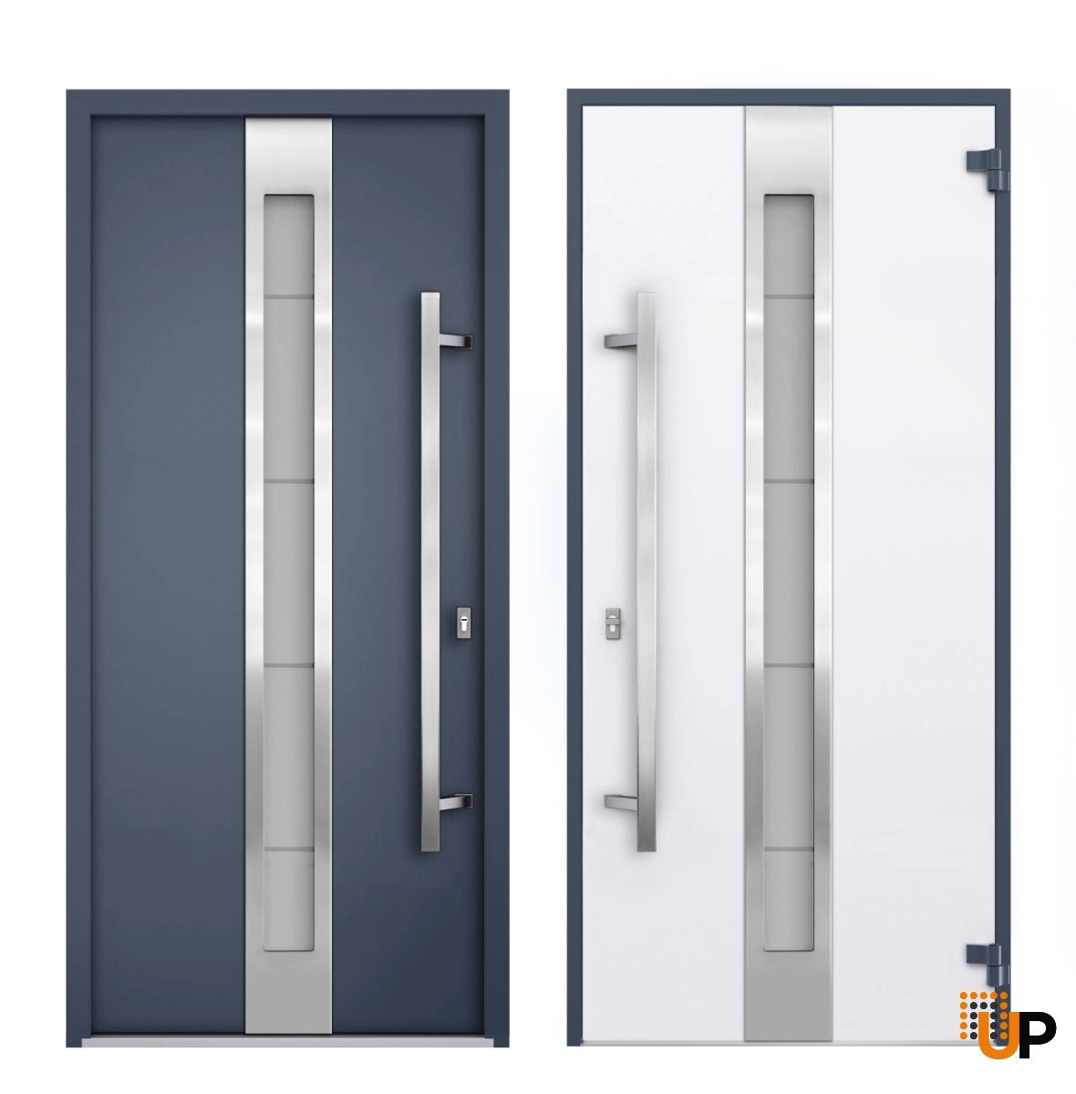 Front Exterior Prehung Steel Door / Deux 1717 Gray Graphite / Stainless Inserts Single Modern Painted-W36" x H96"-Right-hand Inswing photo#4