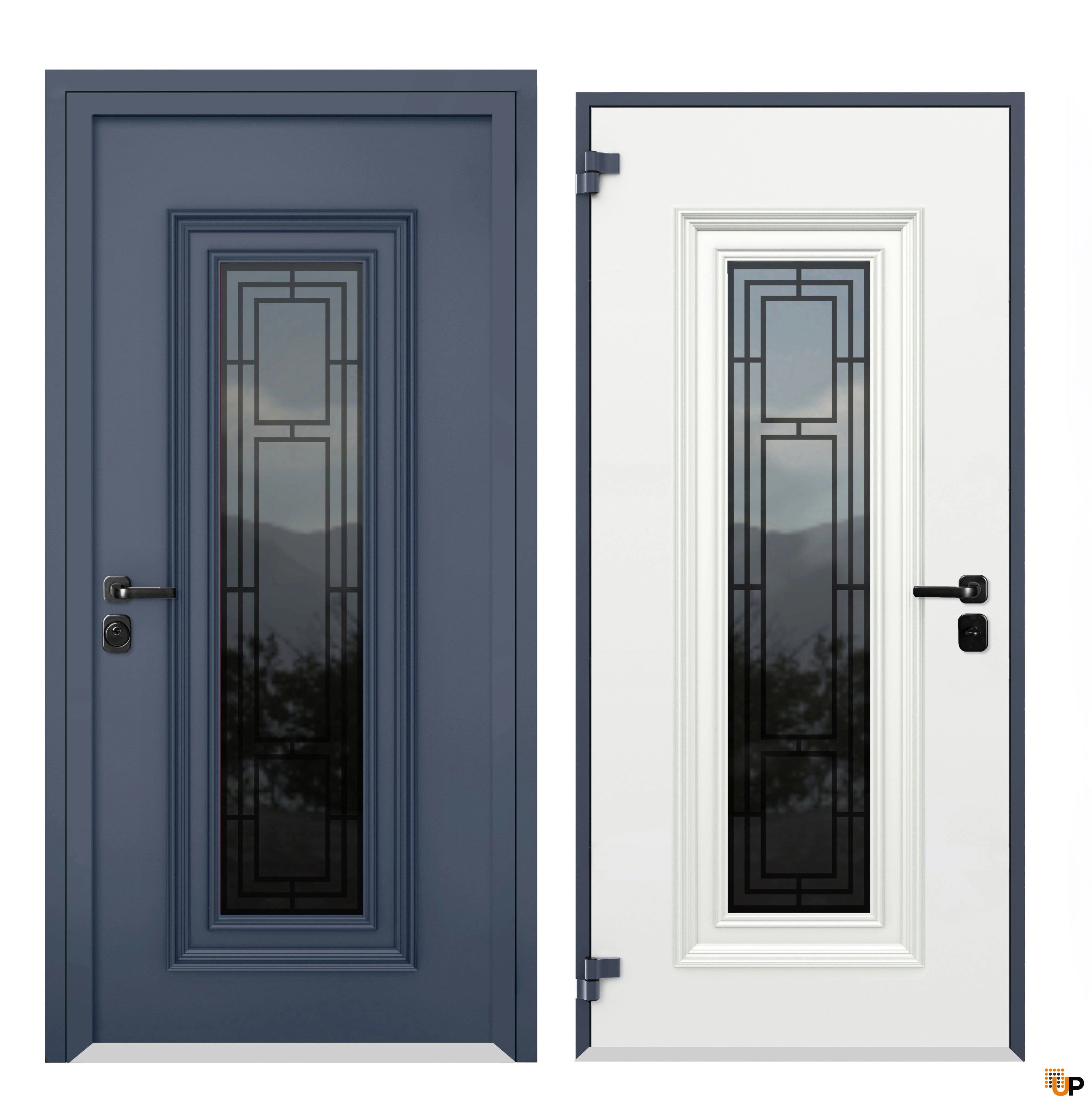 Front Exterior Prehung Steel Door / Ballucio 6044 Gray Graphite / 2 Side Exterior Windows / Stainless Inserts Single Modern Painted-W14+36+14" x H96"-Left-hand Inswing photo#4