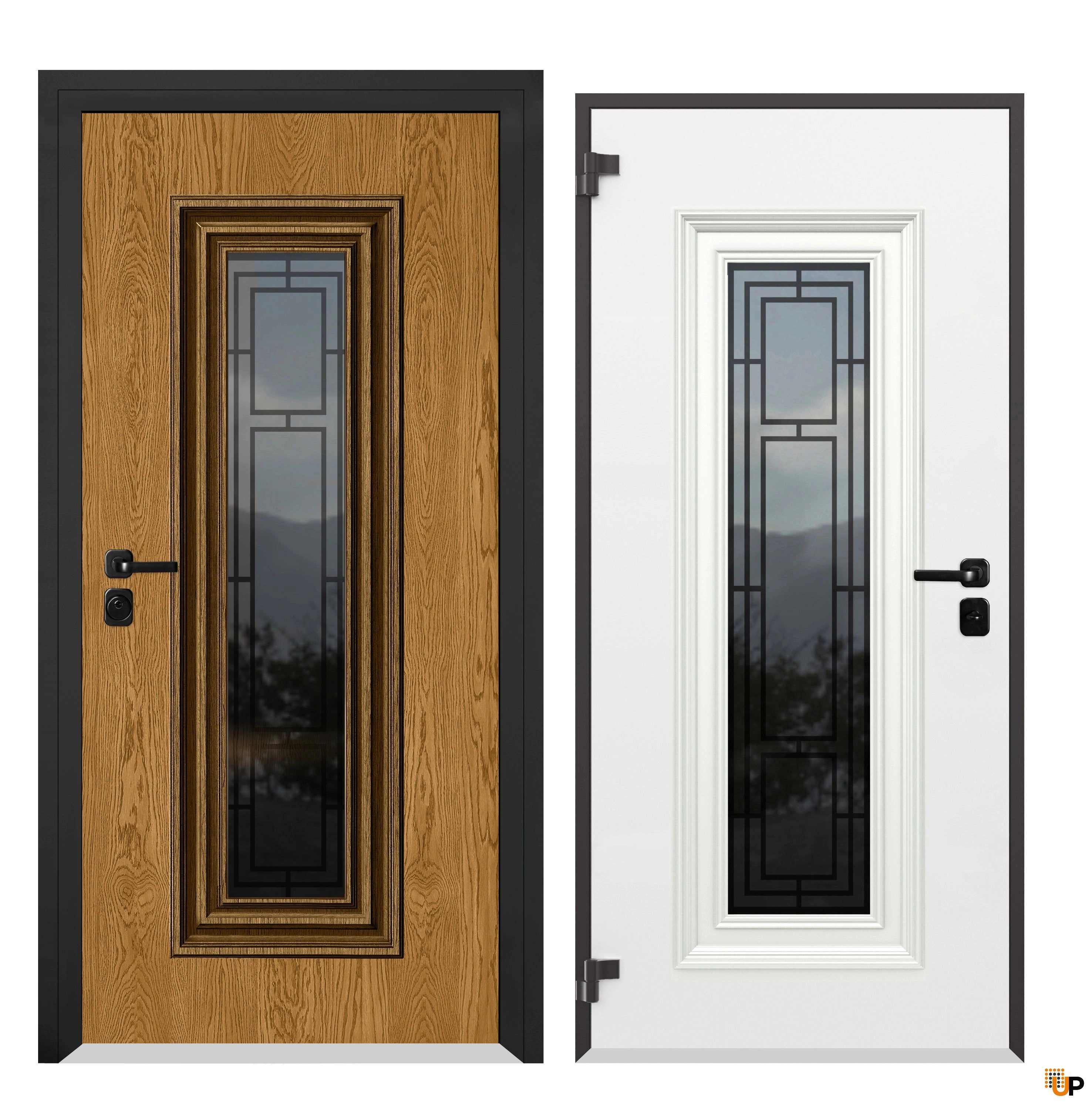 Front Exterior Prehung Steel Door / Ballucio 6644 Natural Oak / Black Top Exterior Window Sidelite / Entry Metal Modern Painted W36" x H80+14" Left hand Inswing photo#4