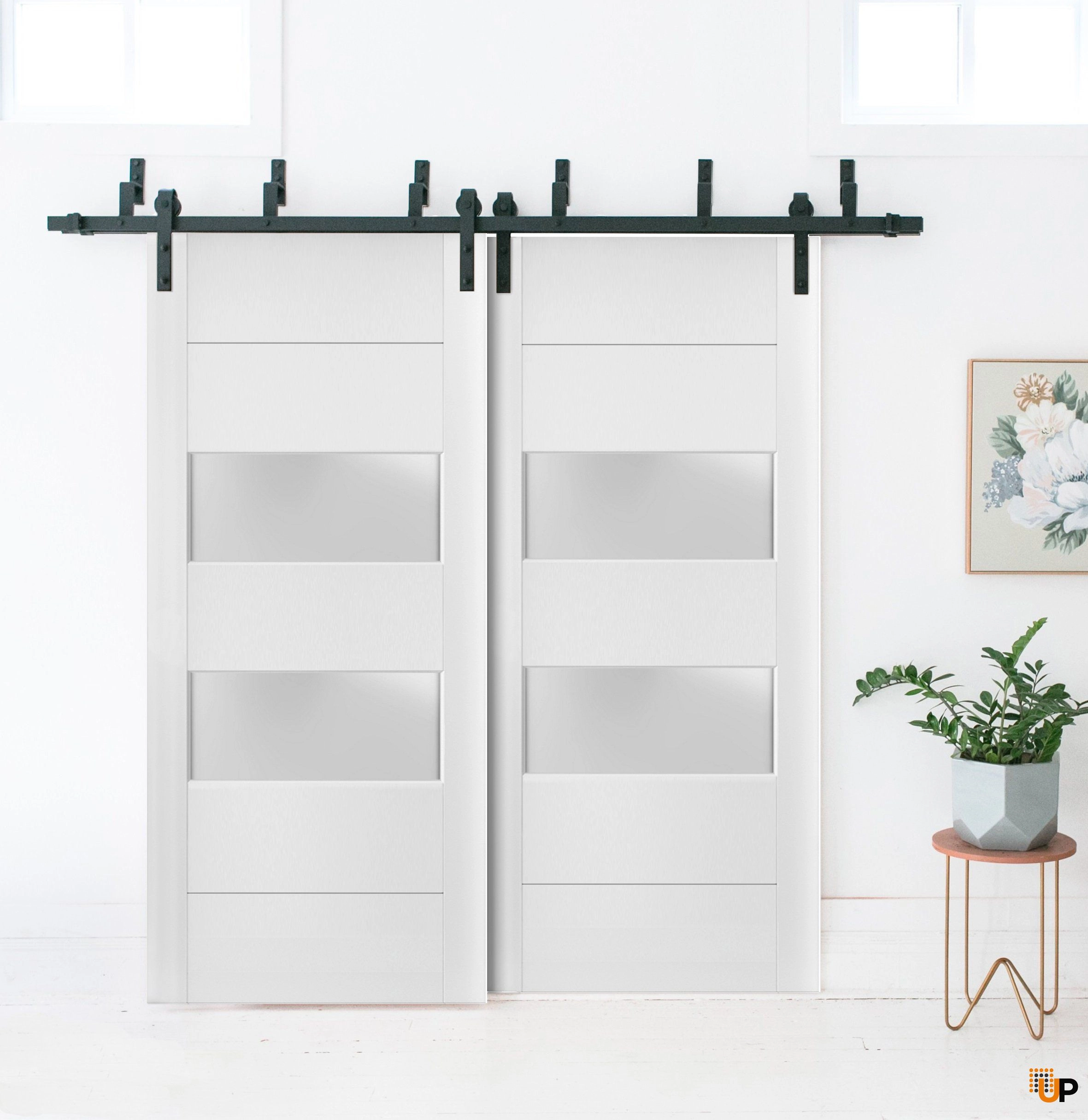 Slab Barn Door Panel Frosted Glass 2 lites 24 x 96 inches | Lucia 4010 White Silk | Sturdy Finished Doors | Pocket Closet Sliding photo#3