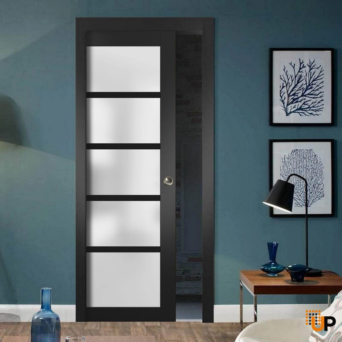 Slab Barn Door Panel Frosted Glass | Quadro 4002 Black Matte | Sturdy Finished Doors | Pocket Closet Sliding-28" x 96" photo#5