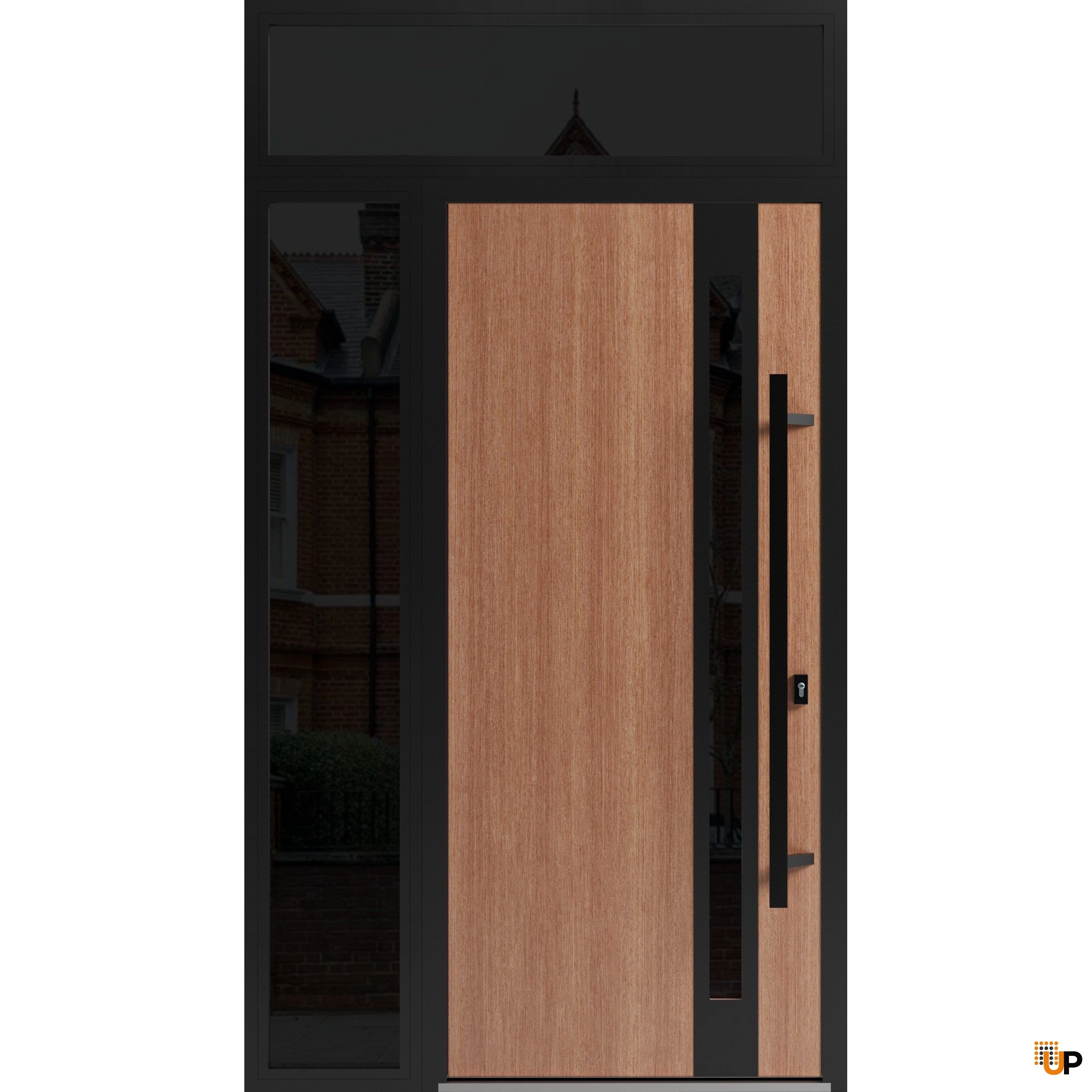 Single swing metal-aluminum modern exterior door with triplex