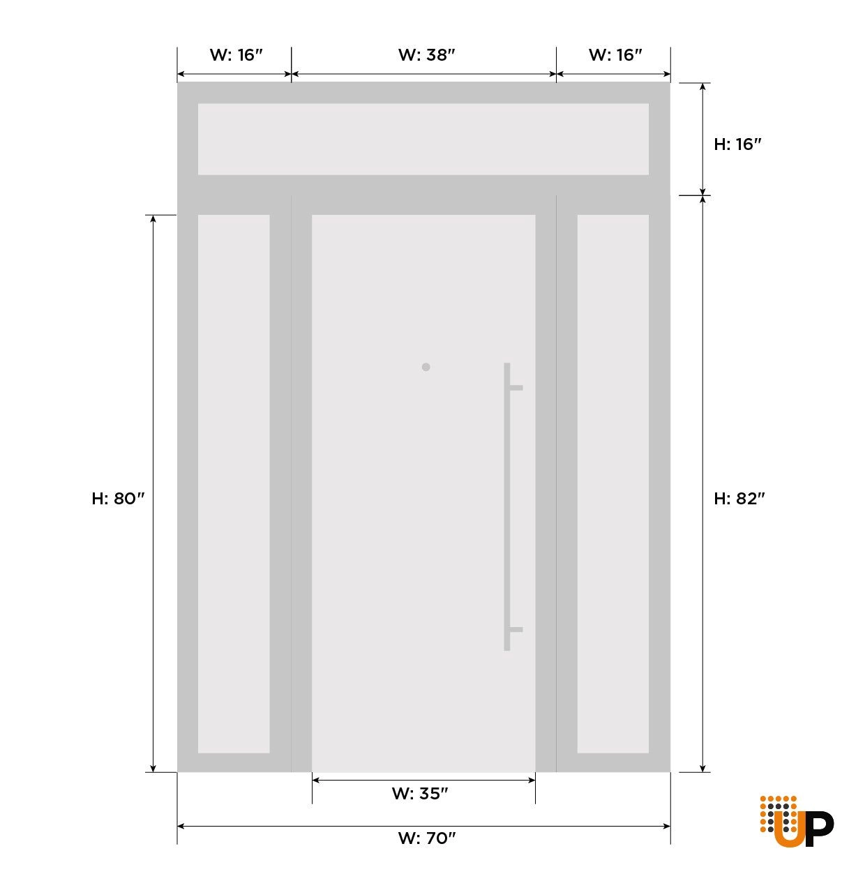Front Exterior Prehung Steel Door / Deux 1717 Gray Graphite / 2 Sidelight and Transom Window / Stainless Inserts Single Modern Painted-W16+36+16" x H96+16"-Left-hand Inswing photo#6