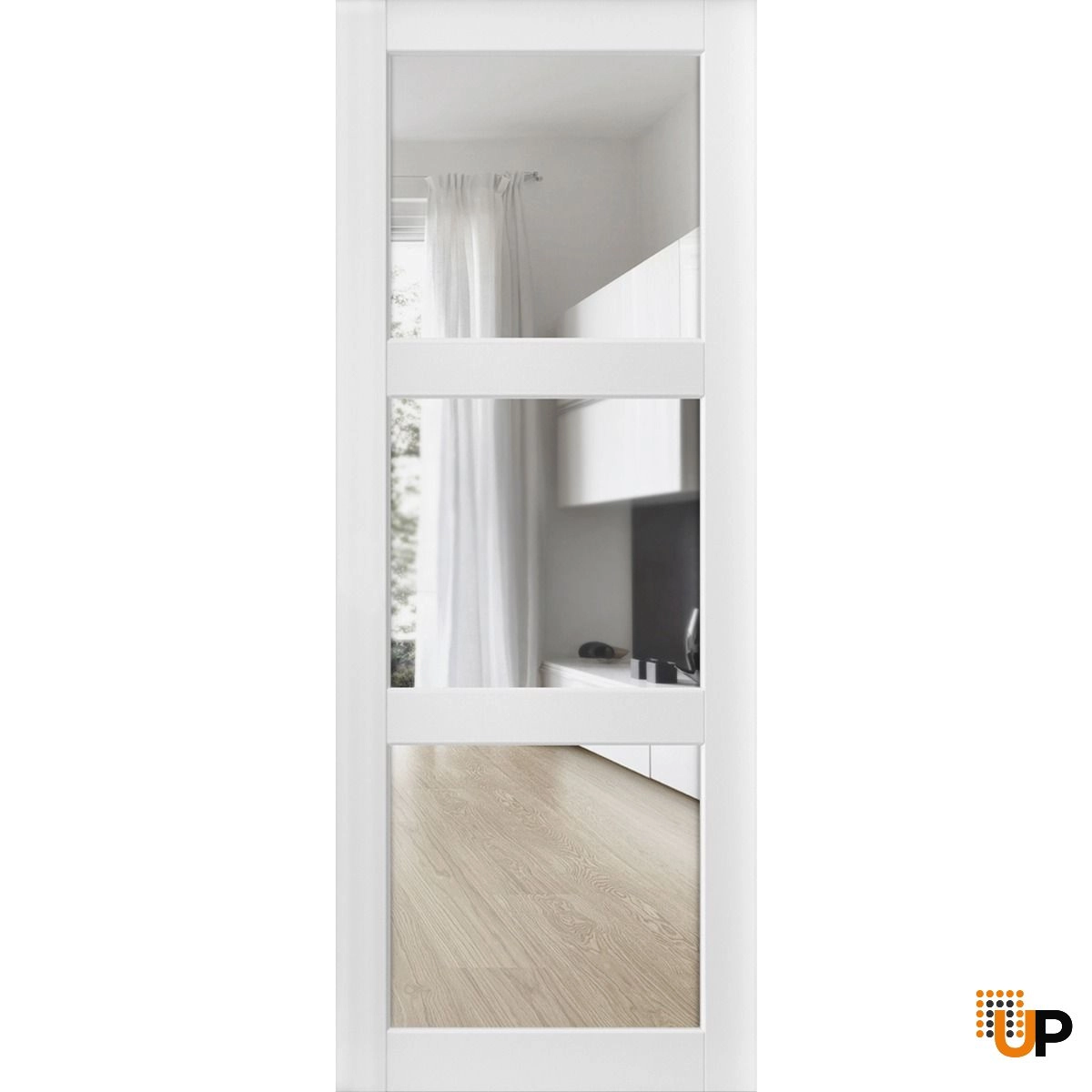 Slab Barn Door Panel Clear Glass 3 Lites | Lucia 2555 White Silk | Sturdy Finished Doors | Pocket Closet Sliding-24" x 96" photo#2