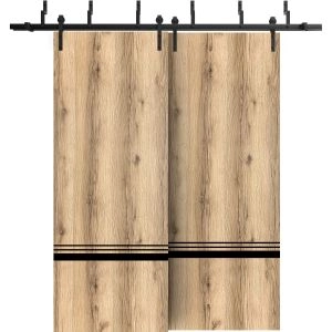 Barn Bypass Doors with 6.6ft Hardware | Planum 0012 Oak and Aluminum Strips | Sturdy Heavy Duty Rails Kit Steel Set | Double Sliding Door