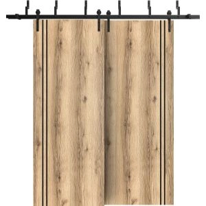 Barn Bypass Doors with 6.6ft Hardware | Planum 0016 Oak and Aluminum Strips | Sturdy Heavy Duty Rails Kit Steel Set | Double Sliding Door