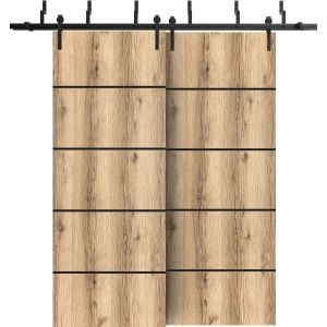 Barn Bypass Doors with 6.6ft Hardware | Planum 0015 Oak and Aluminum Strips | Sturdy Heavy Duty Rails Kit Steel Set | Double Sliding Door