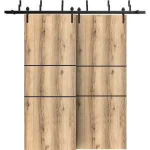 Barn Bypass Doors with 6.6ft Hardware | Planum 0014 Oak and Aluminum Strips | Sturdy Heavy Duty Rails Kit Steel Set | Double Sliding Door