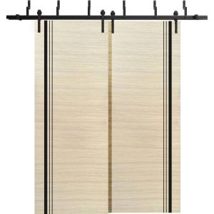 Barn Bypass Doors with 6.6ft Hardware | Planum 0011 Natural Veneer and Aluminum Strips | Sturdy Heavy Duty Rails Kit Steel Set | Double Sliding Door
