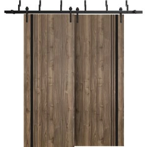 Barn Bypass Doors with 6.6ft Hardware | Planum 0011 Walnut and Aluminum Strips | Sturdy Heavy Duty Rails Kit Steel Set | Double Sliding Door