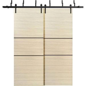 Barn Bypass Doors with 6.6ft Hardware | Planum 0014 Natural Veneer and Aluminum Strips | Sturdy Heavy Duty Rails Kit Steel Set | Double Sliding Door