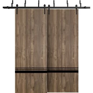 Barn Bypass Doors with 6.6ft Hardware | Planum 0012 Walnut and Aluminum Strips | Sturdy Heavy Duty Rails Kit Steel Set | Double Sliding Door