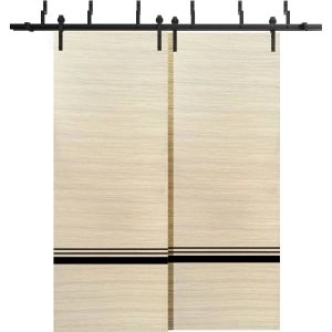 Barn Bypass Doors with 6.6ft Hardware | Planum 0012 Natural Veneer and Aluminum Strips | Sturdy Heavy Duty Rails Kit Steel Set | Double Sliding Door