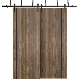 Barn Bypass Doors with 6.6ft Hardware | Planum 0016 Walnut and Aluminum Strips | Sturdy Heavy Duty Rails Kit Steel Set | Double Sliding Door