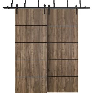 Barn Bypass Doors with 6.6ft Hardware | Planum 0015 Walnut and Aluminum Strips | Sturdy Heavy Duty Rails Kit Steel Set | Double Sliding Door