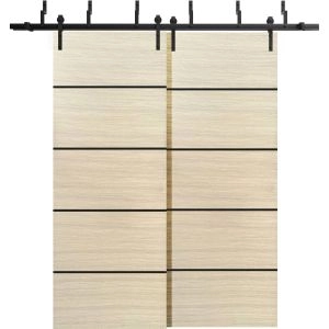 Barn Bypass Doors with 6.6ft Hardware | Planum 0015 Natural Veneer and Aluminum Strips | Sturdy Heavy Duty Rails Kit Steel Set | Double Sliding Door