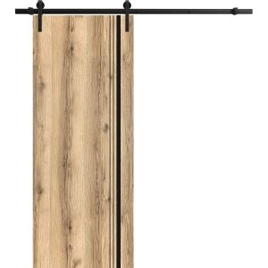 Sliding Barn Door with Hardware | Planum 0011 Oak and Aluminum Strips | 6.6FT Rail Hangers Sturdy Set | Modern Solid Panel Interior Doors