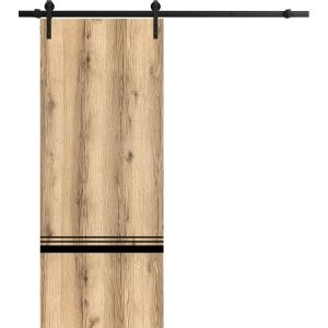 Sliding Barn Door with Hardware | Planum 0012 Oak and Aluminum Strips | 6.6FT Rail Hangers Sturdy Set | Modern Solid Panel Interior Doors