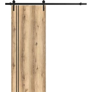 Sliding Barn Door with Hardware | Planum 0016 Oak and Aluminum Strips | 6.6FT Rail Hangers Sturdy Set | Modern Solid Panel Interior Doors