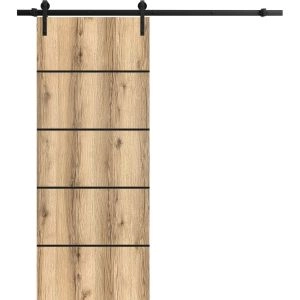 Sliding Barn Door with Hardware | Planum 0015 Oak and Aluminum Strips | 6.6FT Rail Hangers Sturdy Set | Modern Solid Panel Interior Doors