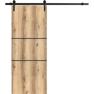 Sliding Barn Door with Hardware | Planum 0014 Oak and Aluminum Strips | 6.6FT Rail Hangers Sturdy Set | Modern Solid Panel Interior Doors