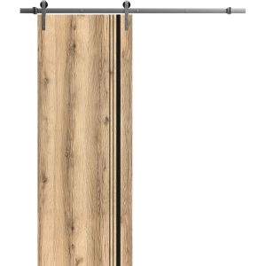 Sliding Barn Door with 6.6ft Hardware | Planum 0011 Oak and Aluminum Strips | Rail Hangers Sturdy Silver Set | Modern Solid Panel Interior Doors