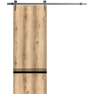 Sliding Barn Door with 6.6ft Hardware | Planum 0012 Oak and Aluminum Strips | Rail Hangers Sturdy Silver Set | Modern Solid Panel Interior Doors
