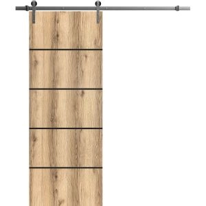 Sliding Barn Door with 6.6ft Hardware | Planum 0015 Oak and Aluminum Strips | Rail Hangers Sturdy Silver Set | Modern Solid Panel Interior Doors