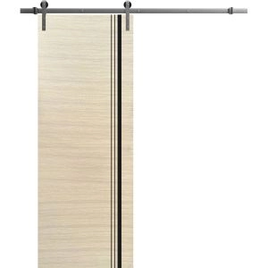 Sliding Barn Door with 6.6ft Hardware | Planum 0011 Natural Veneer and Aluminum Strips | Rail Hangers Sturdy Silver Set | Modern Solid Panel Interior Doors