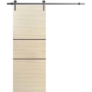 Sliding Barn Door with 6.6ft Hardware | Planum 0014 Natural Veneer and Aluminum Strips | Rail Hangers Sturdy Silver Set | Modern Solid Panel Interior Doors