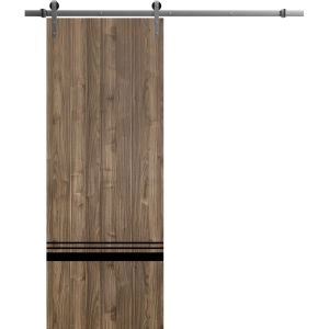 Sliding Barn Door with 6.6ft Hardware | Planum 0012 Walnut and Aluminum Strips | Rail Hangers Sturdy Silver Set | Modern Solid Panel Interior Doors