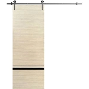 Sliding Barn Door with 6.6ft Hardware | Planum 0012 Natural Veneer and Aluminum Strips | Rail Hangers Sturdy Silver Set | Modern Solid Panel Interior Doors