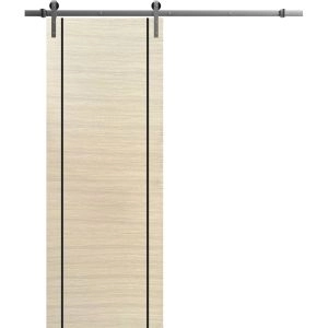Sliding Barn Door with 6.6ft Hardware | Planum 0017 Natural Veneer and Aluminum Strips | Rail Hangers Sturdy Silver Set | Modern Solid Panel Interior Doors-18" x 80"