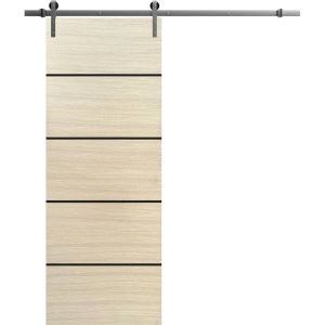 Sliding Barn Door with 6.6ft Hardware | Planum 0015 Natural Veneer and Aluminum Strips | Rail Hangers Sturdy Silver Set | Modern Solid Panel Interior Doors