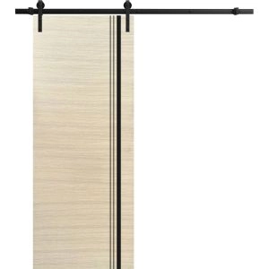 Sliding Barn Door with Hardware | Planum 0011 Natural Veneer and Aluminum Strips | 6.6FT Rail Hangers Sturdy Set | Modern Solid Panel Interior Doors