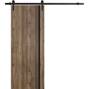 Sliding Barn Door with Hardware | Planum 0011 Walnut and Aluminum Strips | 6.6FT Rail Hangers Sturdy Set | Modern Solid Panel Interior Doors