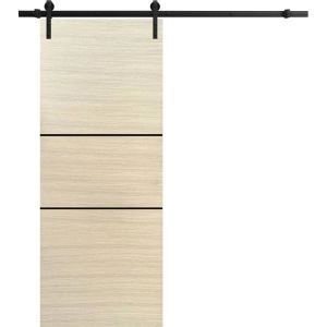 Sliding Barn Door with Hardware | Planum 0014 Natural Veneer and Aluminum Strips | 6.6FT Rail Hangers Sturdy Set | Modern Solid Panel Interior Doors