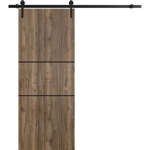 Sliding Barn Door with Hardware | Planum 0014 Walnut and Aluminum Strips | 6.6FT Rail Hangers Sturdy Set | Modern Solid Panel Interior Doors
