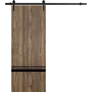 Sliding Barn Door with Hardware | Planum 0012 Walnut and Aluminum Strips | 6.6FT Rail Hangers Sturdy Set | Modern Solid Panel Interior Doors