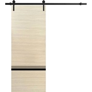 Sliding Barn Door with Hardware | Planum 0012 Natural Veneer and Aluminum Strips | 6.6FT Rail Hangers Sturdy Set | Modern Solid Panel Interior Doors