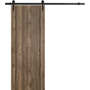 Sliding Barn Door with Hardware | Planum 0017 Walnut and Aluminum Strips | 6.6FT Rail Hangers Sturdy Set | Modern Solid Panel Interior Doors