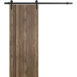 Sliding Barn Door with Hardware | Planum 0016 Walnut and Aluminum Strips | 6.6FT Rail Hangers Sturdy Set | Modern Solid Panel Interior Doors